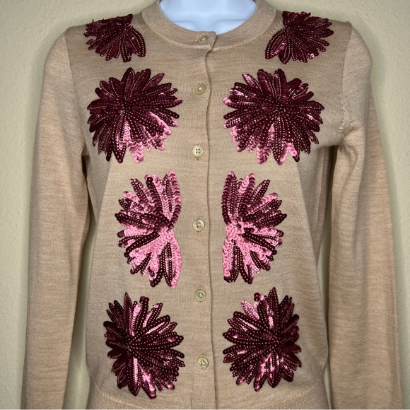 J CREW Camel & Pink Sequin Flower Jackie Cardigan Sweater - AE171 - Sz XS - Picture 10 of 10